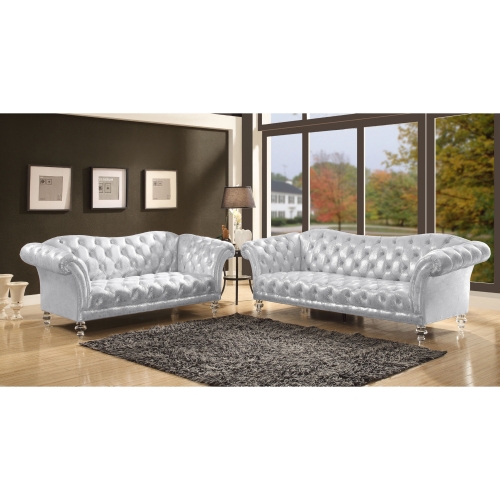 Dixie Sofa in Tufted Metallic Silver w/ Acrylic Legs